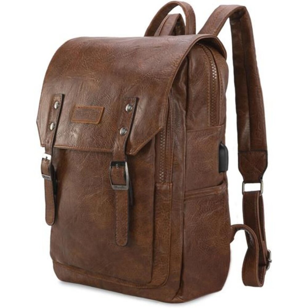 Montana West × Wrangler Brown Leather Laptop Backpack for Women Men Unisex